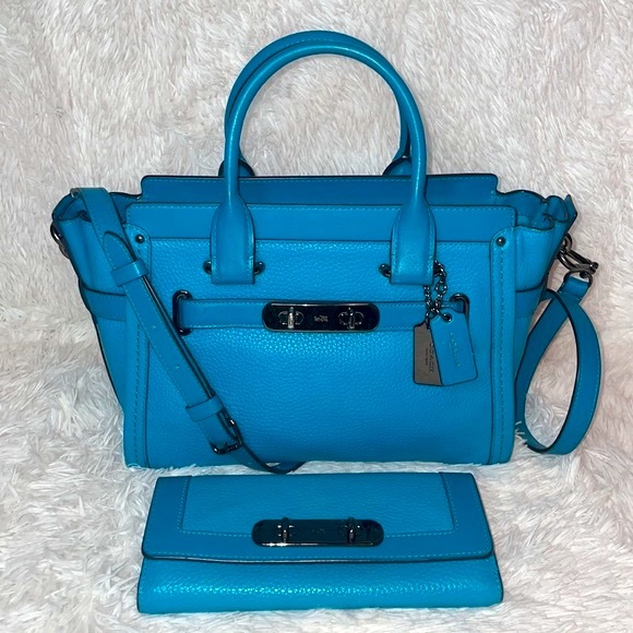 Coach Swagger 27 Turquoise Satchel Crossbody Purse Shoulder Bag & Wallet Set